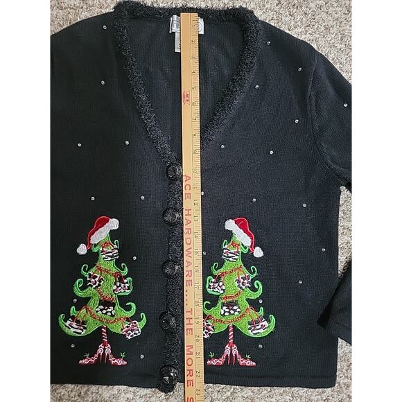 Vintage Mandal Bay Sz M Black Whimsy Button Christmas Tree Cardigan Ugly Sweater - Picture 7 of 8